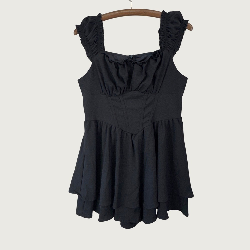 Shein Mod Romper Womens L Black Ruffled Corset Waist Tiered Cottagecore Goth